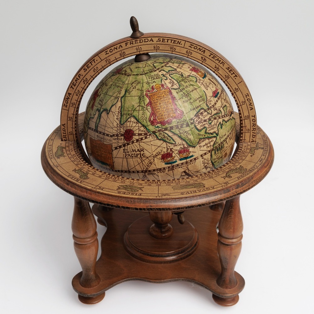 Vintage Old World Style Tabletop Globe Wooden Stand Zodiac Signs Made In Italy